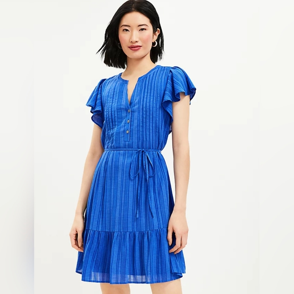 Loft Textured Stripe Flutter Button Swing Short Blue Dress Sz MP